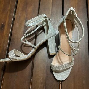 Sparkly silver block heels